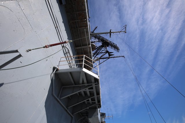 Looking Up at USS Hornet's Crane and Tower