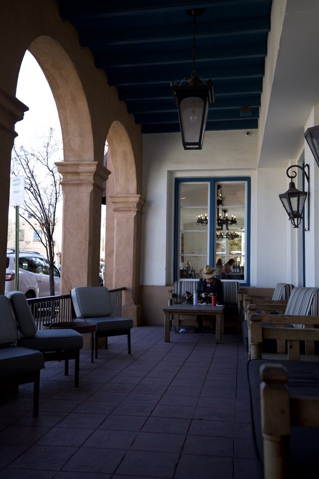 Covered Porch Dining at Southwestern Adobe-Style Restaurant