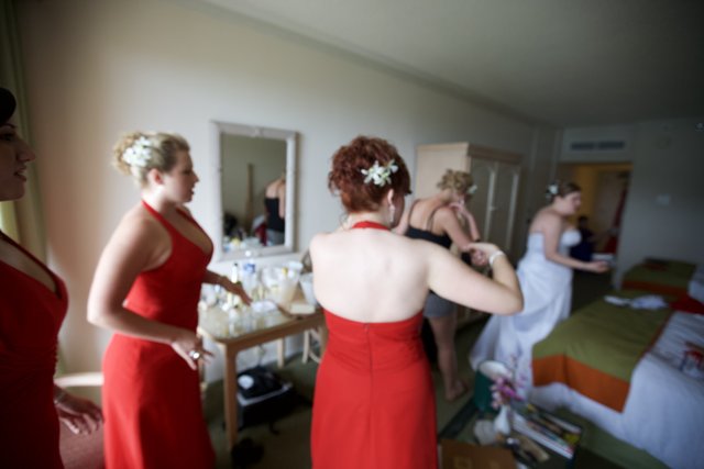 Red-Dressed Bridesmaids Prepping for Their Big Day
