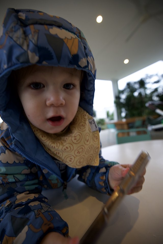 Young Child in Blue Patterned Rain Jacket at Restaurant