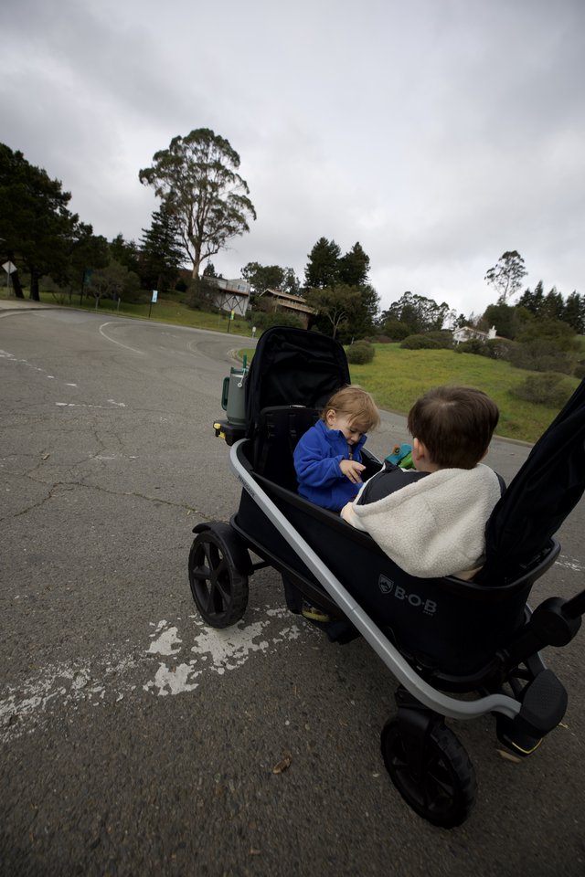 Family Walk on a Cloudy Day with Double Stroller