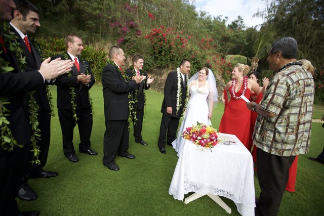 Wedding Party with Flower Arrangement Table