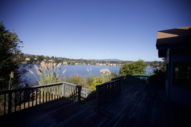 Serene view of lake from wooden deck
