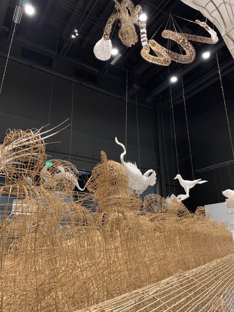 Bird and Fish Straw Sculpture with Chandelier and Lamp