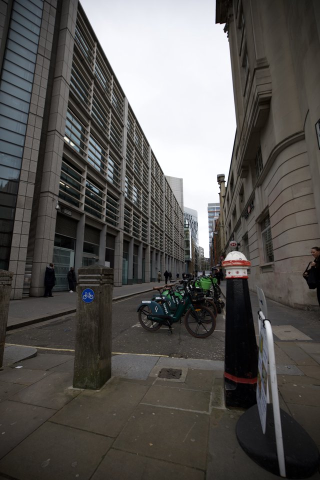 Modern Urban Street with Bike Share Station in London