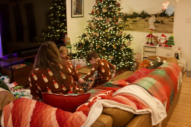 Family Christmas Morning in Matching Pajamas