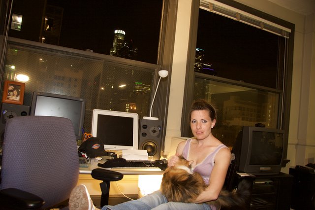Night Owl at the Desk with a Cat