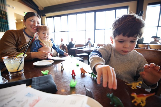 Family Dining Out with Young Children and Toy Dinosaurs