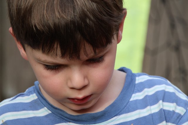 Young Boy in Blue Striped Shirt Looking Down