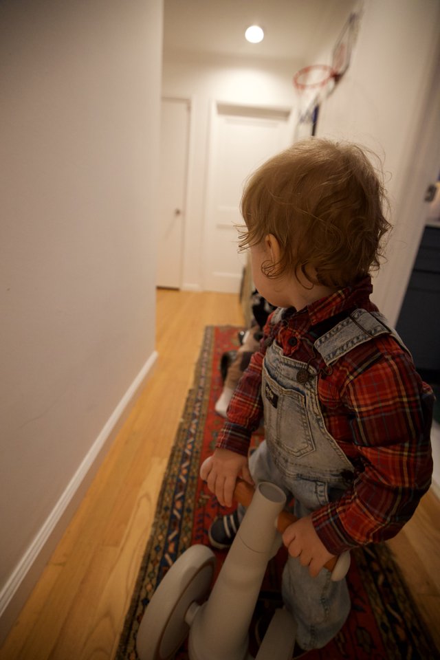 Toddler on Toy Horse in Hallway