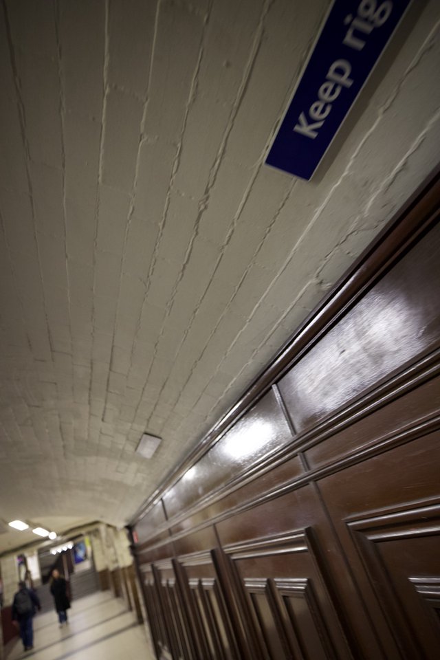 Keep Right Sign in London Underground Corridor