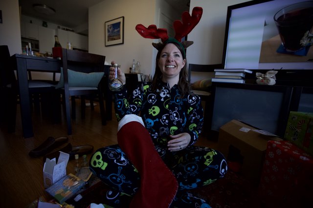Festive Reindeer Pajamas and Christmas Stocking Morning