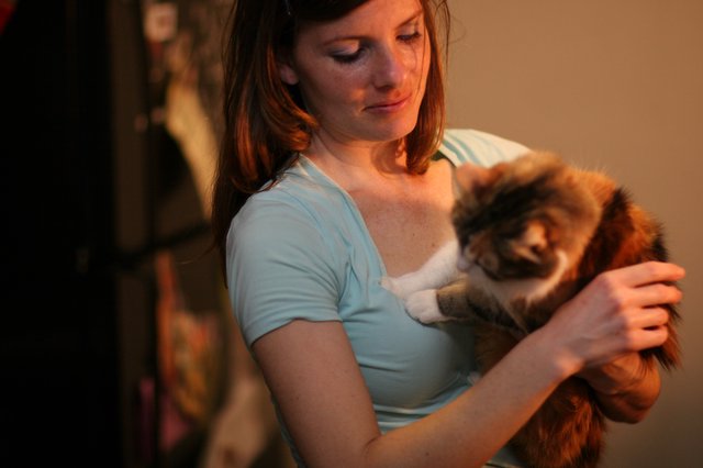 Woman Tenderly Holds Fluffy Cat in Warm Light