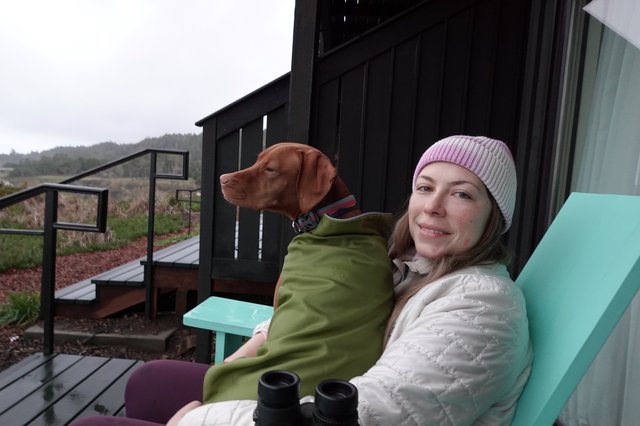 Woman and Dog Relaxing on Coastal Deck