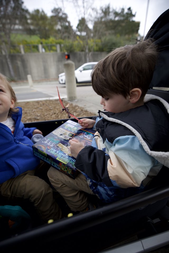 Brothers Reading Comics Together in Car Trunk