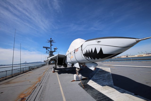 Shark-Mouthed Fighter Jet on USS Hornet Aircraft Carrier