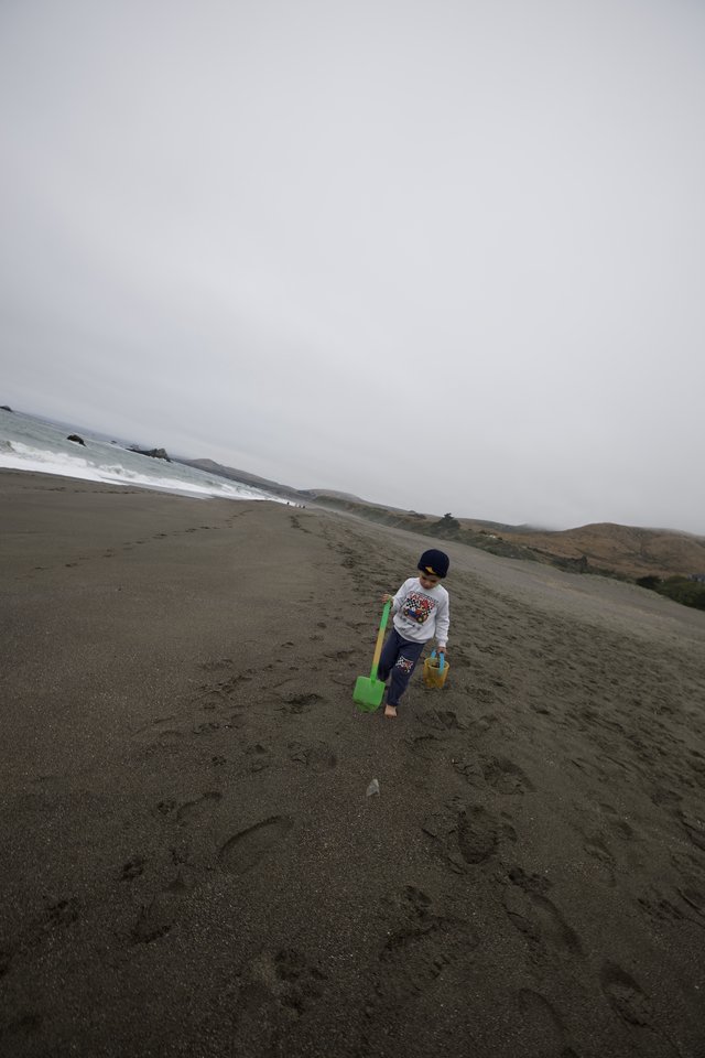 Young Explorer Walking Along Foggy Northern California Beach