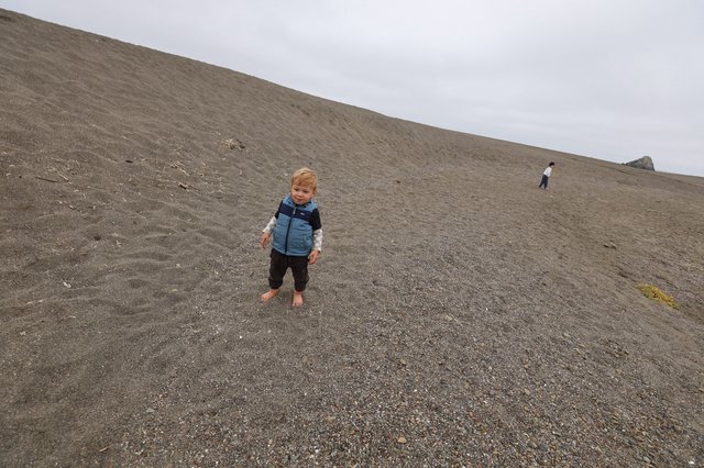 Barefoot Toddler Conquering a Coastal Sand Dune