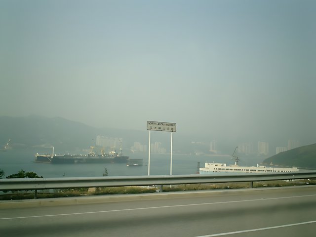 Ship and Highway view from a Car in Hong Kong