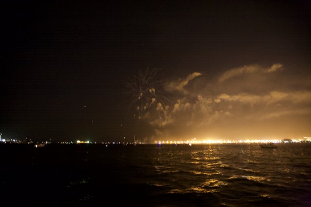 Fireworks Blaze Across the Night Sky Over the Ocean