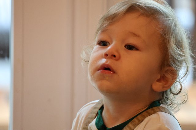 Curious Toddler with Blonde Curls Looking Up