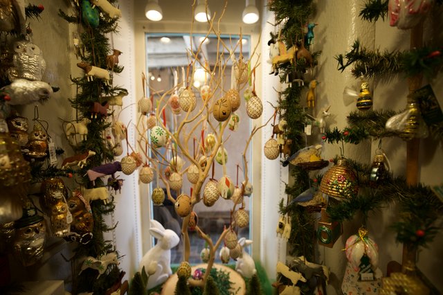 Festive Holiday Shop Window Display with Ornaments