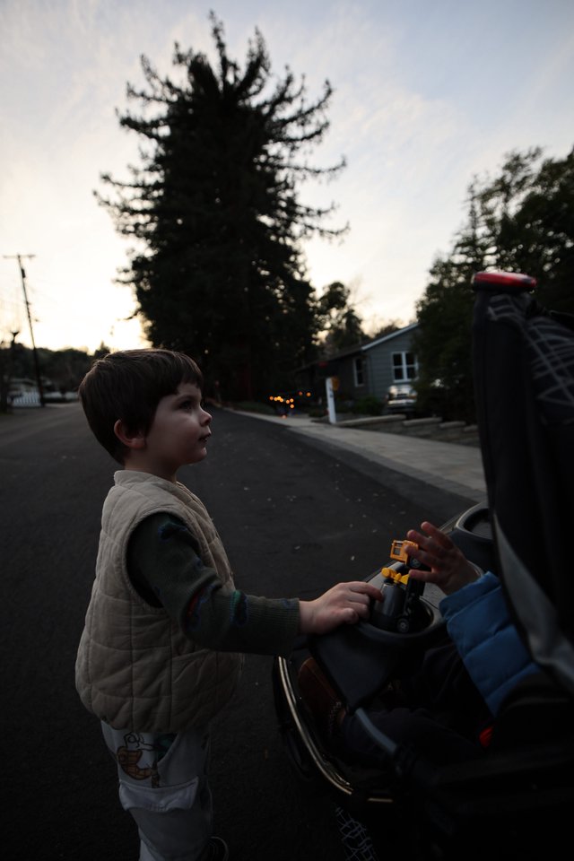 Child with Toy at Dusk in Suburban Neighborhood