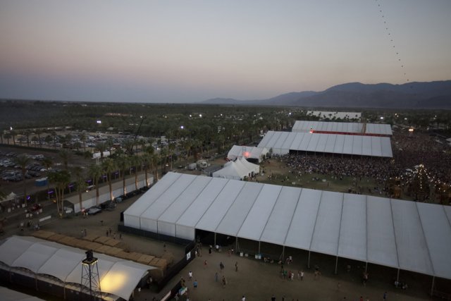 Aerial View of Coachella Tent and Mountains