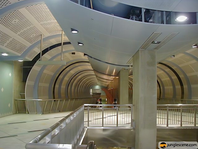 Terminal Corridor with Metal Railings and Staircase