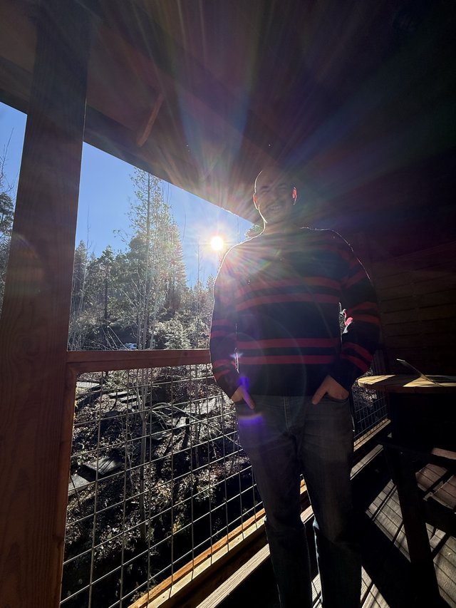 Sun Flare Portrait on Snowy Forest Cabin Deck