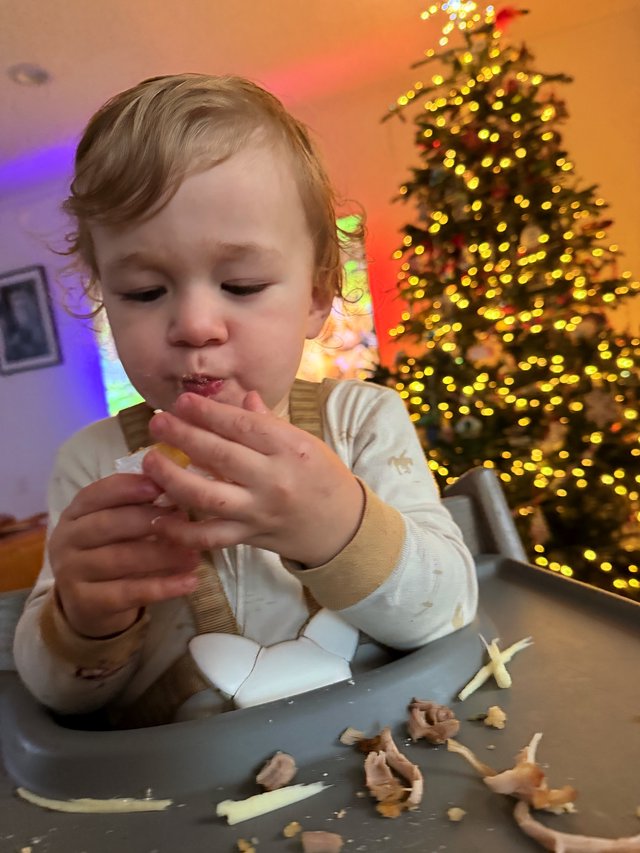 Toddler Enjoying Christmas Treats by the Tree