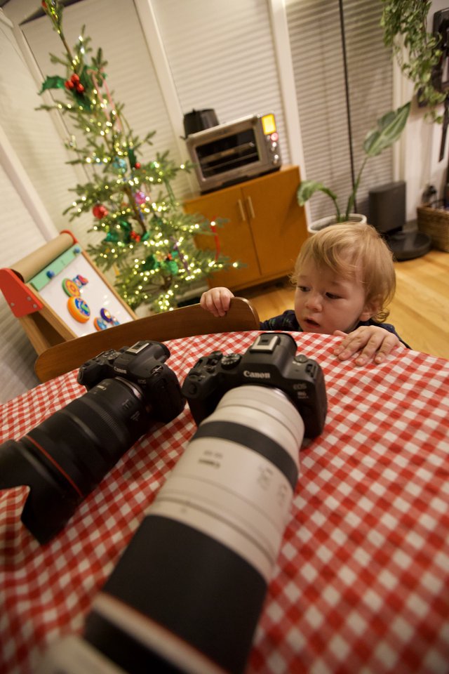 Young Child Discovers Photography Gear at Christmas