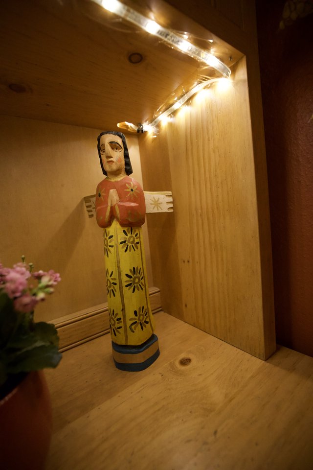 Folk Art Angel Figure in Wooden Shelf Display