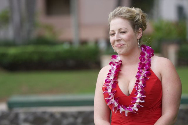 Red Dress Bride with Lei