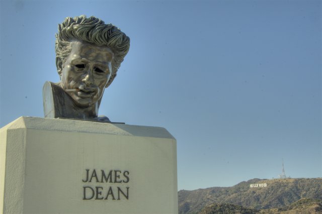 James Dean Statue with Hollywood Sign