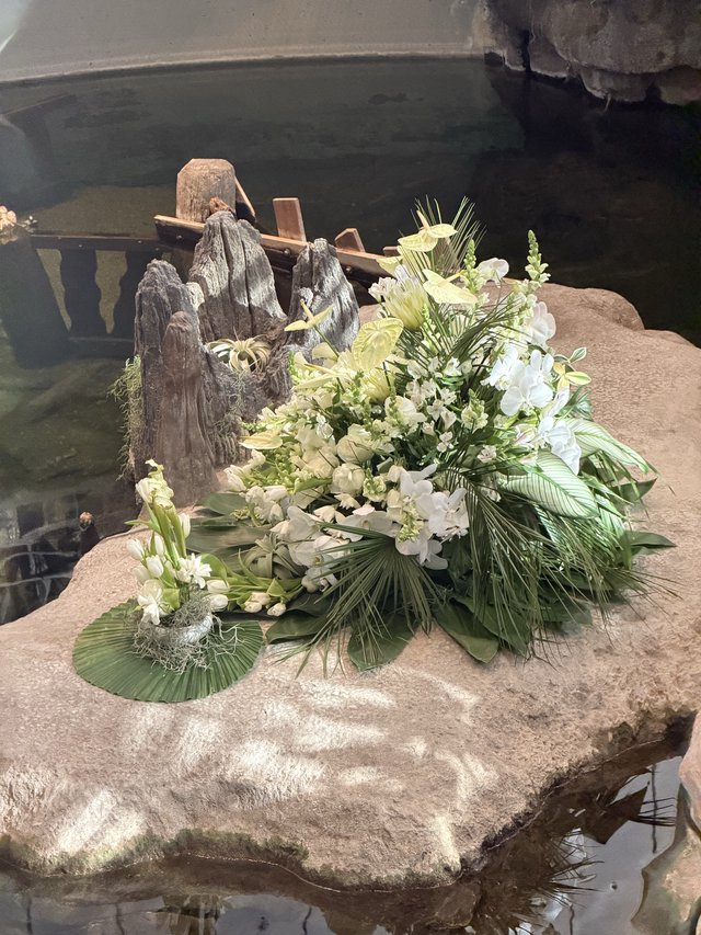 White Floral Memorial Arrangement with Driftwood Sculpture