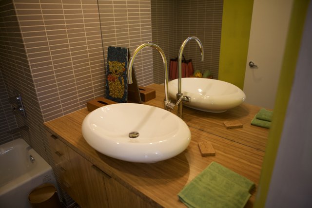 Double Basin Bathroom with Wooden Accents