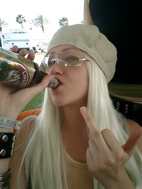 Woman with White Hair Enjoying a Cold Beer at Coachella