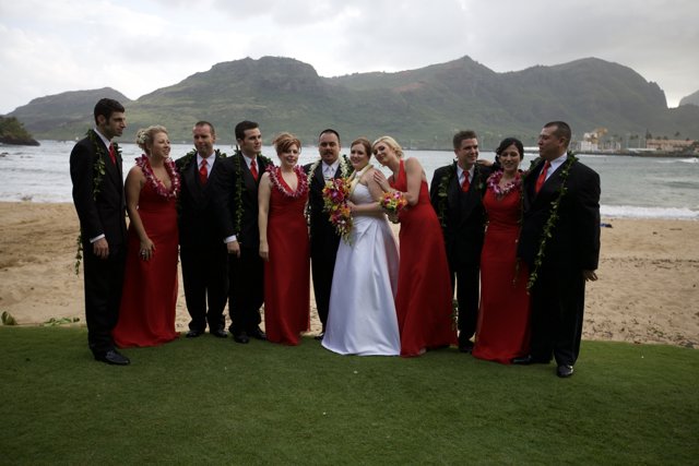 Red-Dressed Bridesmaids on a Cloudy Hawaiian Beach
