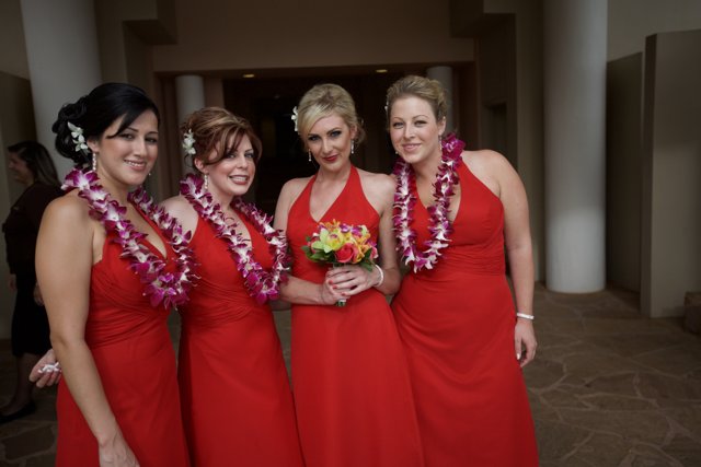 Red-Dressed Bridesmaids' Group Shot