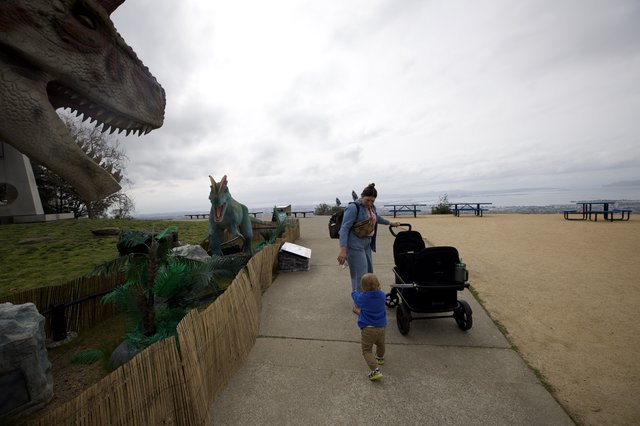 Child Encounters Dinosaur Exhibits at Hilltop Park