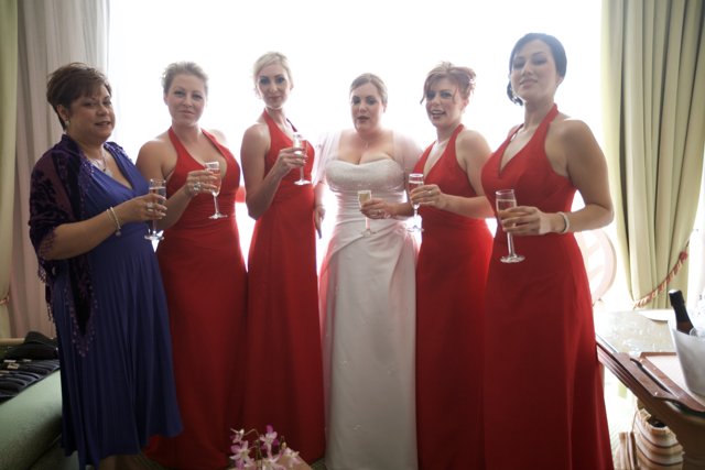 Red-Dressed Wedding Attendees Toast to The Bride