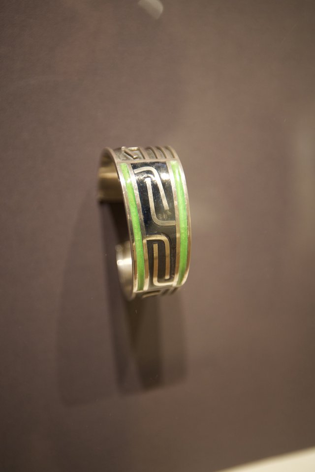 Silver and Green Inlay Ring with Geometric Design
