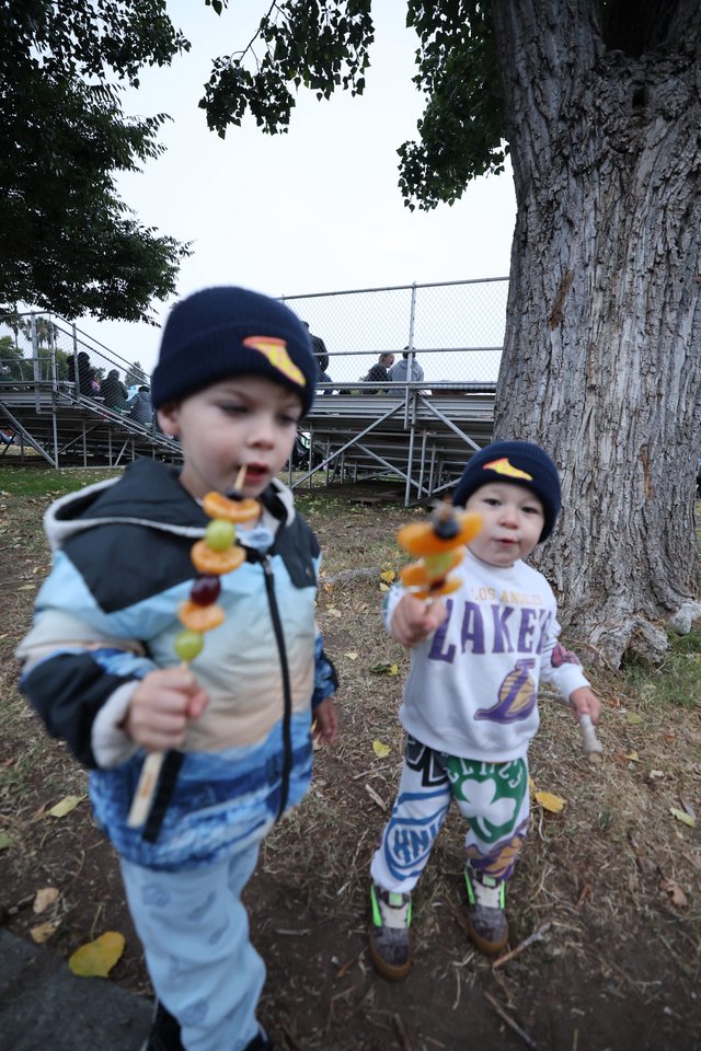 Two Young Brothers Enjoy Fruit Skewers at Balloon Festival