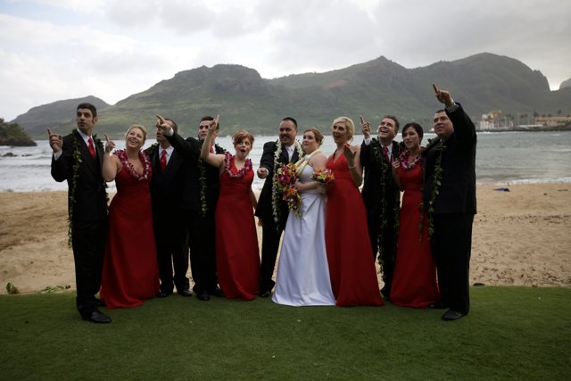 Red Dress Group Photo at Hawaiian Wedding