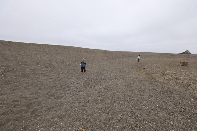 Two Children Exploring a Vast Gray Sand Dune