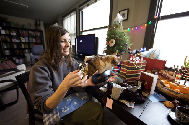 Christmas Morning Gift Opening with Curious Cat