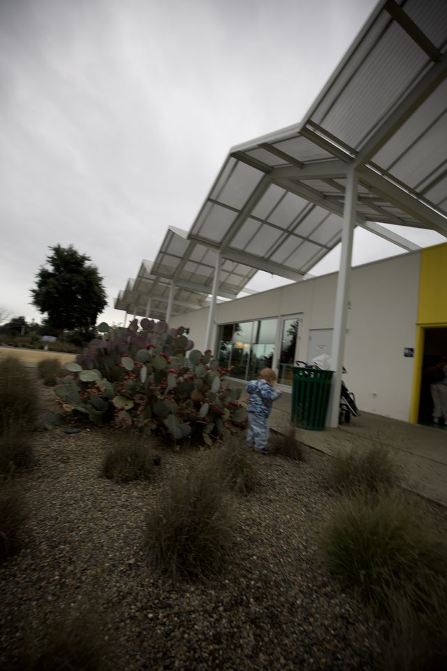 Child Playing Near Modern Solar Canopy Structure