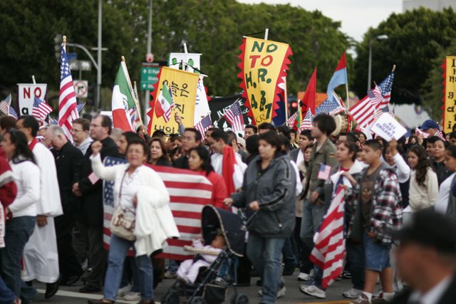 Protest Parade with Banners and Flags