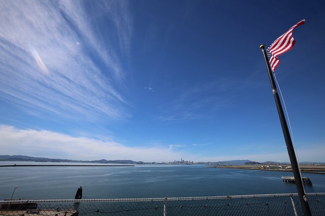 American Flag Over San Francisco Bay from USS Hornet